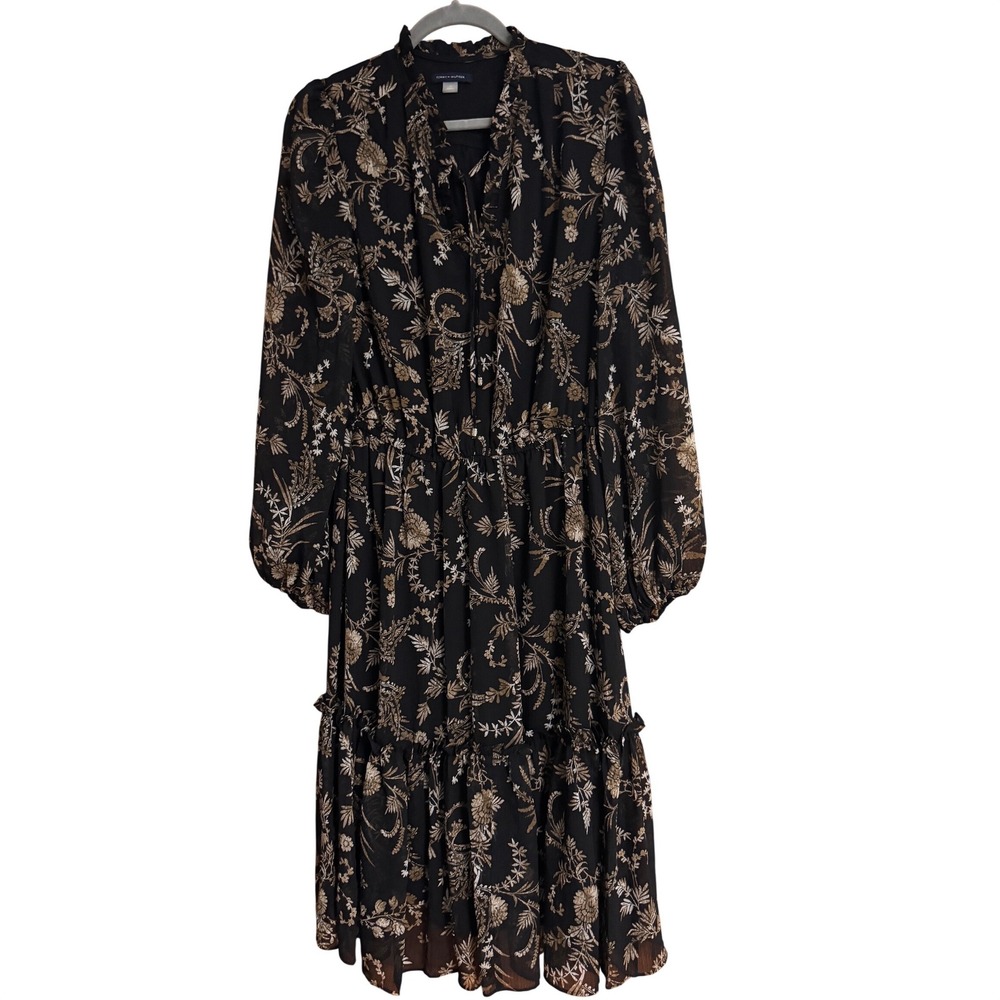 Tommy Hilfiger Women Black Gold Floral Chiffon Ruffle Midi Dress Size 12 Long Sl